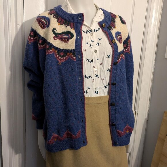 Handmade Knitted Cardigan - purple/blue with white and paisley design - Picture 3 of 9